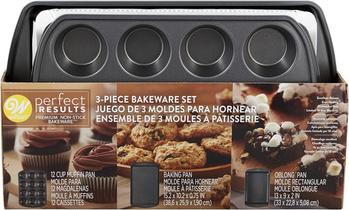 Wilton Perfect Results Non-Stick Baking Sheet, Muffin, and Oblong Pan Bakeware Set, 3-Piece