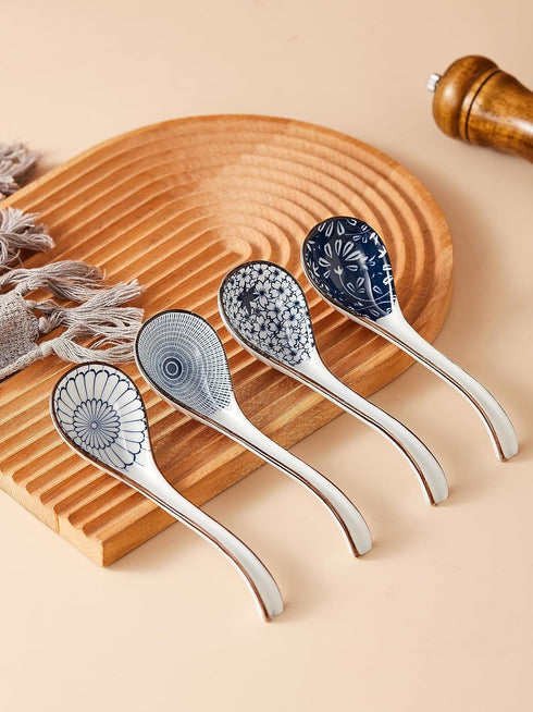 Ceramic Ramen Spoons Set of 4, 6.5 Inch Asian Soup Spoon, Japanese Spoons for Kitchen, Pho, Dumpling