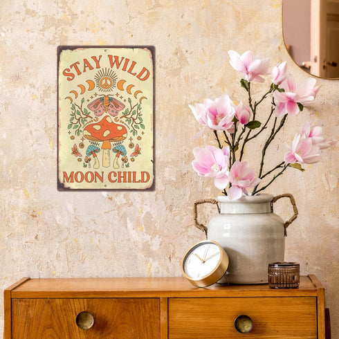 12 8 Inches Putuo Decor Stay Wild Moon Child Sign, Retro Mushroom Wall Decor, x Aluminum for Bathroom, Living Room