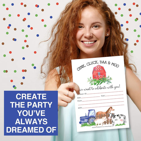 Hadley Designs 25 Birthday Party Invitations, Farm Barnyard Animal Pig Cow for Girl Boy, Printable Template, Tractor