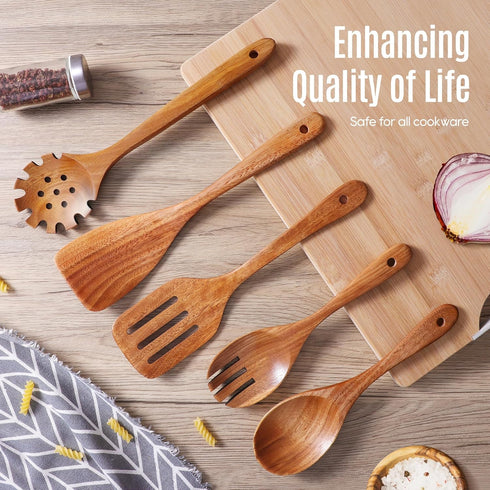 5 PCS Wooden Cooking Spoons, Natural Teak Kitchen Utensils, Smooth Non-Stick Surface, Soft Comfort-Grip