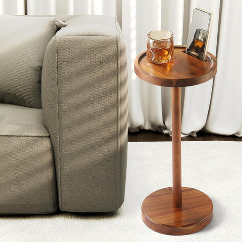 Pedestal Side Table, Acacia Drink Table with Weighted Base, Small Round Side Table for Small Spaces with Phone Holder