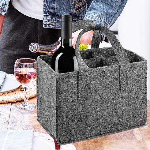 6 Bottle Wine Carrier Tote, Reusable Grocery Bags for Travel, Camping, Picnic, Grey