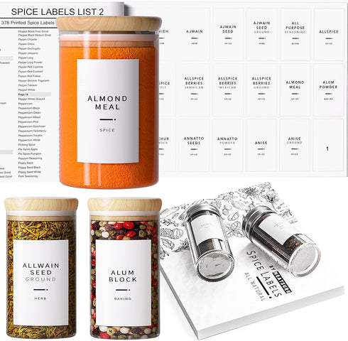 400 Minimalist Spice Labels, Preprinted Stickers Booklet, Black Text on White Waterproof Matte Backing