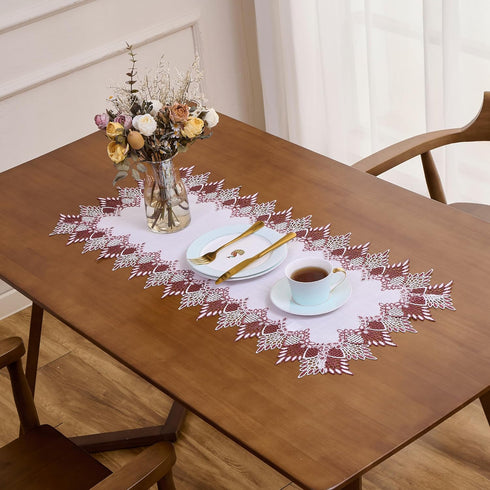 60 inches 16x60) White Dark Red Jacquard Lace Table Runner Long, Claret Dresser Scarf Table Topper for Christmas