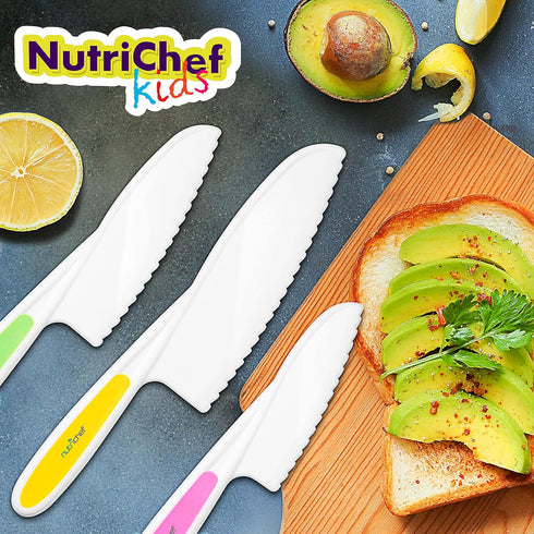 NutriChef 3-Piece Nylon Kitchen Baking Knife Set - Safe Children's Cooking Knives with Firm Grip and Serrated Edges