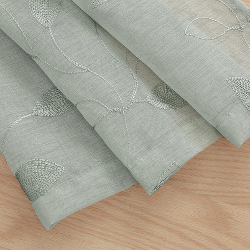 HOMEIDEAS Sage Green Sheer Curtains, 52 x 54 Inch Length, 2 Panels Embroidered Leaf Pattern for Bedroom and Kitchen