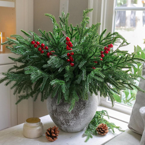 florisso Vases,12 3 Artificial Faux Christmas Norfolk Pine Stems Branches for Bundles Fake Evergreen Real Touch