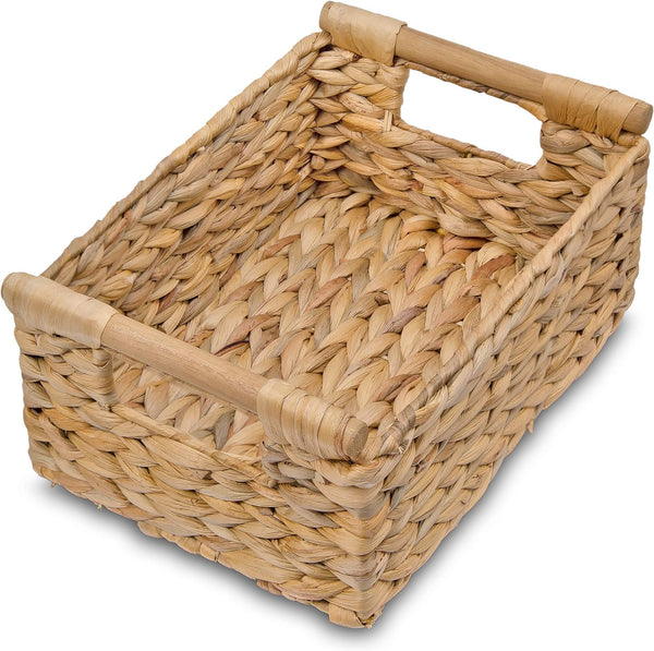 VATIMA Hyacinth Small Wicker Basket 11.6x8.1x4.9", Decorative Storage with Wooden Handle for Bathroom Organizer