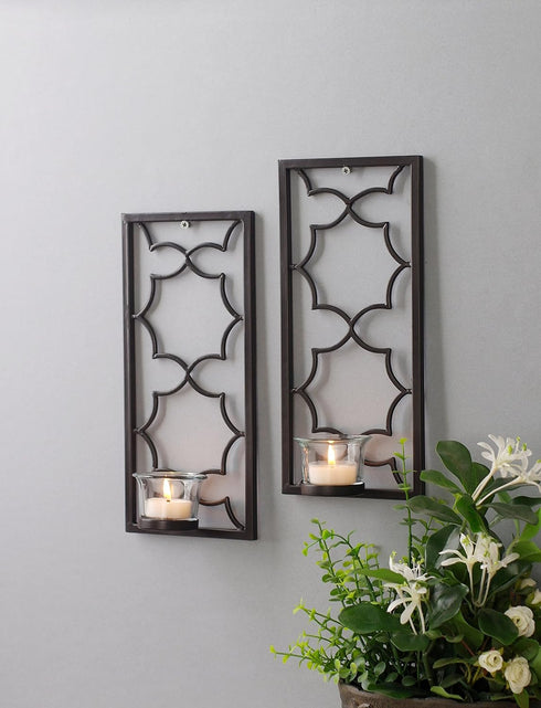 Set 11" Setting. O3 Hosley's of Two, High Iron Tea Light LED Candle Wall Sconces, Black. Hand Made by Artisans. Ideal
