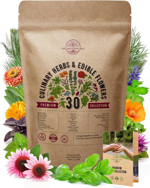 Organo Republic 30 Culinary Herbs & Edible Flower Seeds Variety Pack- Indoor/Outdoor.