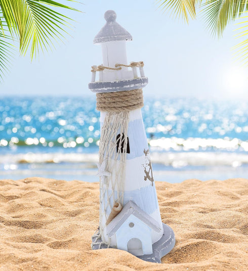 CoTa Global Moonlight Wooden Lighthouse Decor - Handcrafted Nautical Light House with Fish Net and Ocean Shells, 11.5