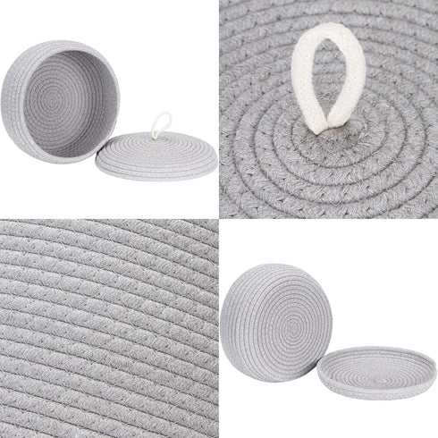 Sea Team Round Cotton Rope Storage Basket with Lid, Decorative Woven Bin for Snacks, Towels, Plants, Grey