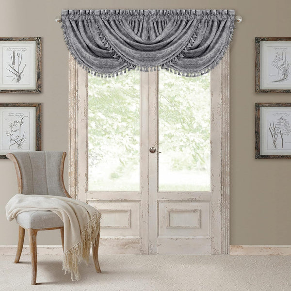 Elrene Home Fashions Antonia Floral Damask Waterfall Window Valance with Tassels, 52"x36", Silver