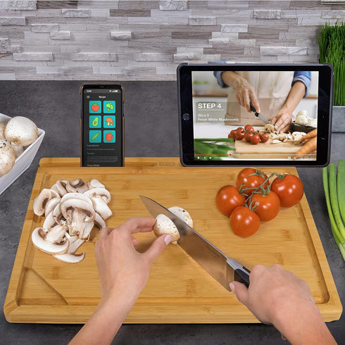 Dexas Prep-Tech Bamboo Cutting Board with Integrated Tablet Holder Groove, 12x16 Inches