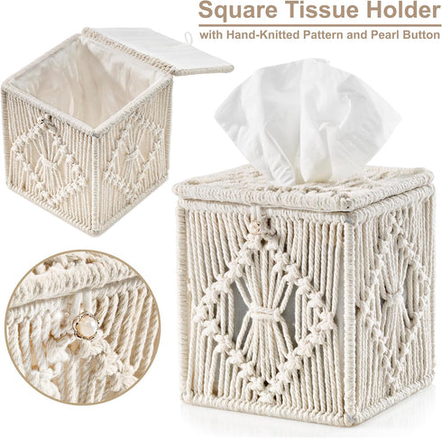 Set Set Sorbus Macrame Boho Decor Baskets & Tissue Holder - Decorative Woven Baskets for Bathroom Shelves - Lined
