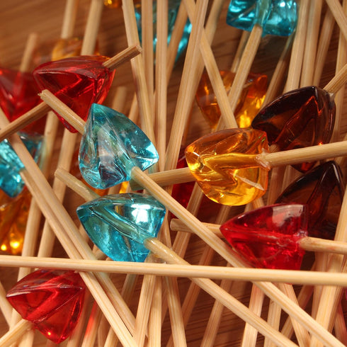 BambooMN 5.9" Decorative Acrylic Clear Gem End Bamboo Cocktail Picks, 100 Pcs for Events & Parties
