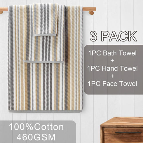 Set 3, 3PC 100% 1 28"x52", 1 16"x27", 1 13"x13", Cotton Towels of Striped Towels - Cotton & Quick Dry - Soft Bath