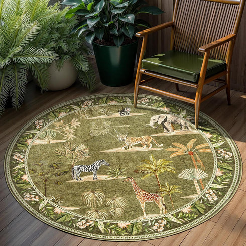 jinchan Round Rug 5ft Green Jungle Animals Print, Machine Washable 5' Circle