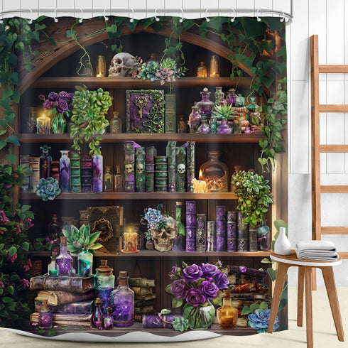 72Wx84H 12 Pack Extra Long Gothic Skull Shower Curtain Black Spooky Witchy Bookshelf Wizard Vintage Succulent Unique