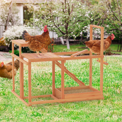 Set GOJOOASIS Chicken Activity Play - Poultry Run with Wood Stand, Ladder, Platforms, Swing, Food Storage, Chicken Toy