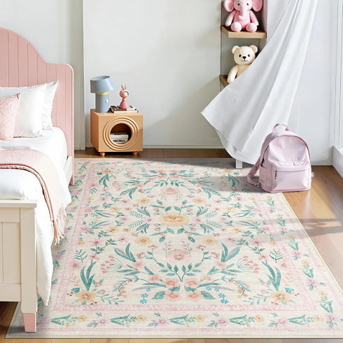 5x7 Pink Floral Nursery Rug,Pink Rugs for Bedroom Girls,Machine Washable Non Slip Soft Faux Wool Carpet,Cute Boho