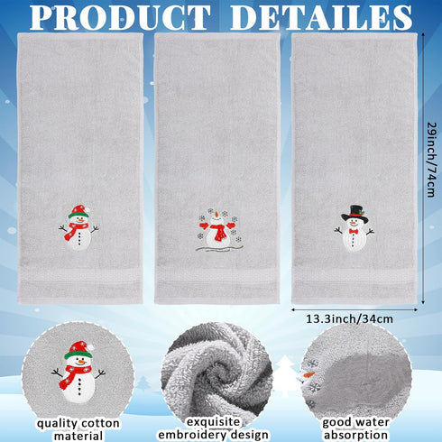 3 13.3" 29.5" SmoothNovelty Pcs Christmas Snowman Hand Towels for Bathroom Cotton Embroidered Snowman Kitchen Towels x