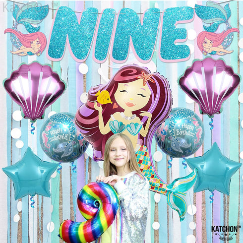 Giant Mermaid 9th Birthday Decorations for Girls, Pack of 8 Mermaid Party Decorations with Balloons & Favors