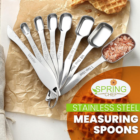 Spring Chef Stainless Steel Measuring Spoons - Set of 8 with Leveler for Dry & Liquid Ingredients, Fits in Spice Jars