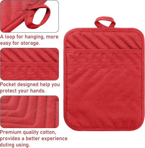 GROBRO7 5 Pack Pocket Pot Holders, Cotton Heat Resistant Potholders, Machine Washable Oven Mitts, Red