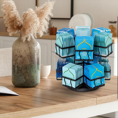 12 140 NHZ Tea Bag Organizer - Spinning Carousel Holder With Compartments, Up to Tea Bags Storage, Black Powder Coated