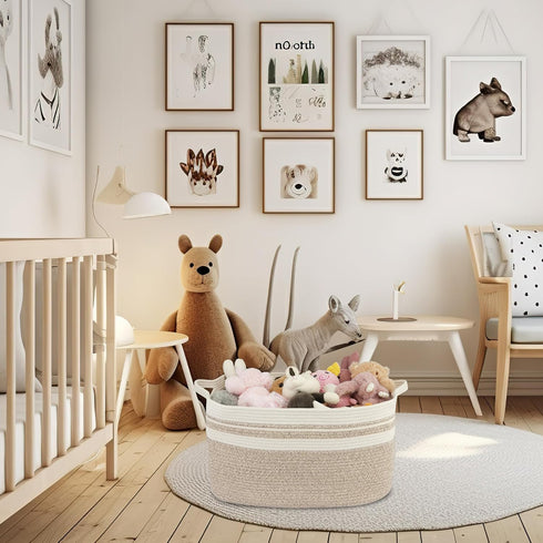 Large Rectangle Blankets Basket, 22"x17"x12" Woven Cotton Rope Storage Basket for Nursery Toy Basket, White Brown