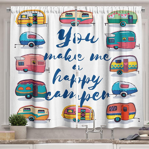 Ambesonne Camper Kitchen Curtains - You Make Me Happy Camper Motivational Words, 2 Panel Set, 55" X 39", Blue Pink