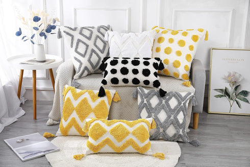 PANOD Super Soft Farmhouse Decorative Plush Throw Pillow Covers 12 x 20, Solid Pom Pom Tufted with Tassels (Yellow)