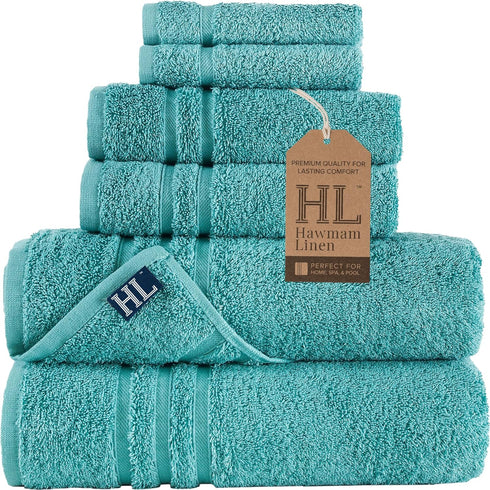 Hawmam Linen Teal Turquoise 6 Piece Bath Towels Set for Bathroom Original