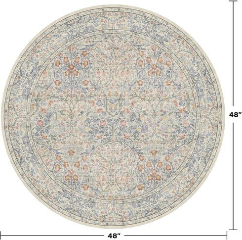 4ft Beige Blue Round Rug for Entryway - Small Circle Rug for Nursery, Living Room, Bedroom, Home Office, Boho Washable