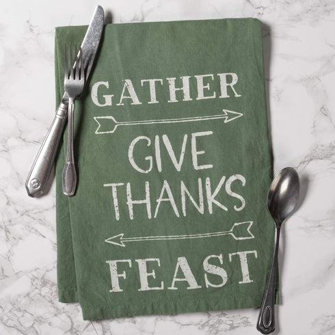 Primitives by Kathy Cotton Dish Towel, 28 x 28-Inch, Gather-Give Thanks-Feast Design