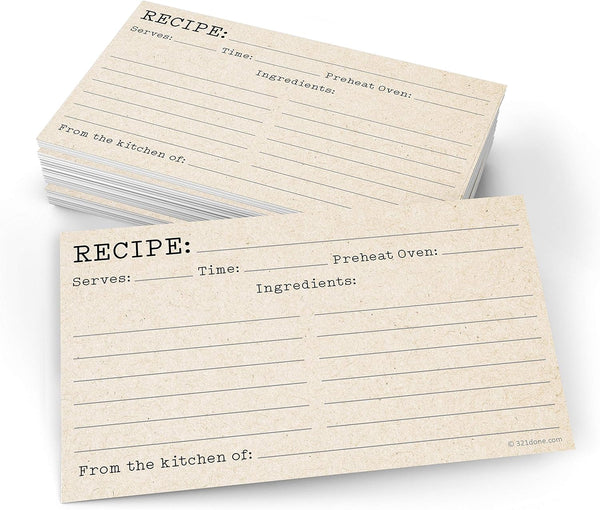 321Done 3x5 Recipe Cards (Set of 50) Rustic Kraft Tan Vintage Double-Sided for Weddings, Baby, Recipe Gift Exchange