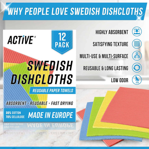 12 Pack ACTIVE Swedish Dish Cloths for Kitchen Cellulose Sponge Cloth, Washable Dishcloths for Washing Dishes, Original