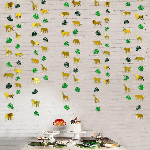52Ft Gold Animal Green Palm Leaf Garland Banner for Jungle Safari Animal Party Decorations, 1st Birthday Supplies