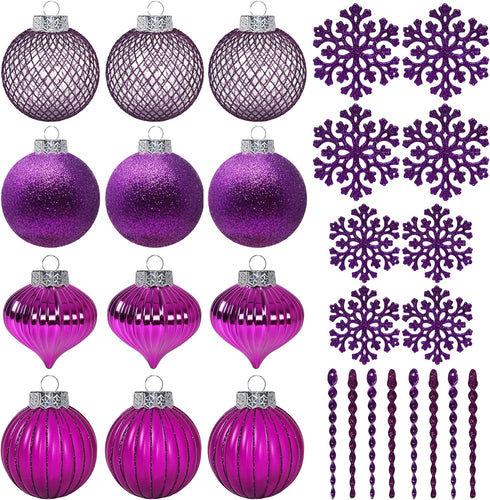 SLEETLY 28pk Purple Christmas Ornaments - Shatterproof Plastic Balls, Icicles, and Snowflakes