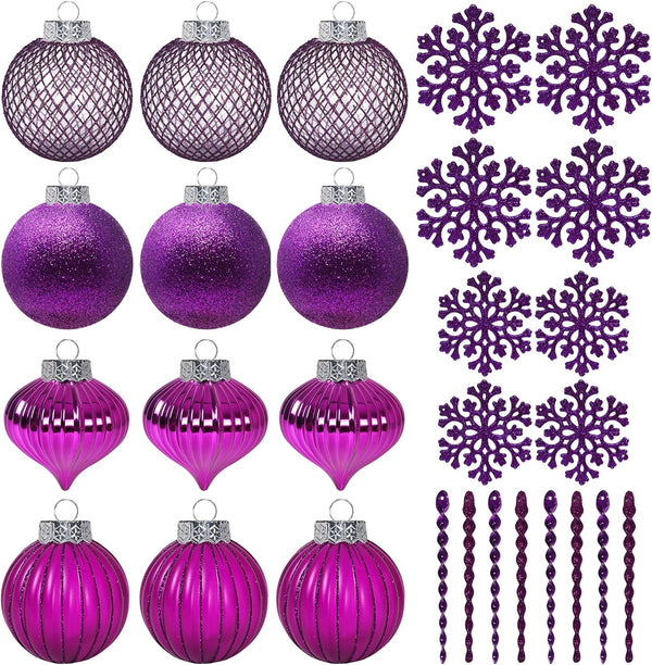 SLEETLY 28pk Purple Christmas Ornaments - Shatterproof Plastic Balls, Icicles, and Snowflakes