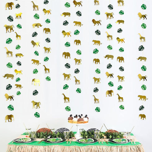 52Ft Gold Animal Green Palm Leaf Garland Banner for Jungle Safari Animal Party Decorations, 1st Birthday Supplies
