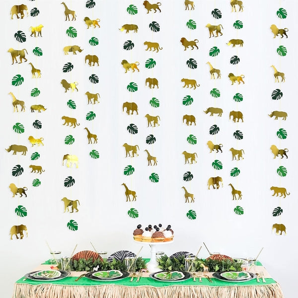 52Ft Gold Animal Green Palm Leaf Garland Banner for Jungle Safari Animal Party Decorations, 1st Birthday Supplies