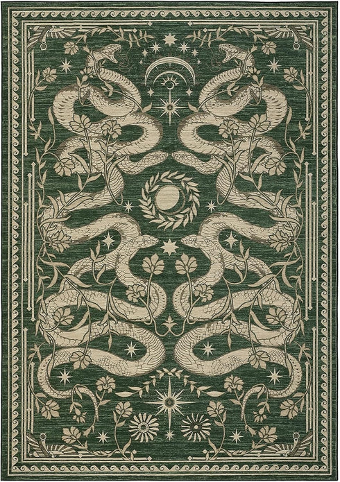 3x5 Snake Area Rug Washable Non-Slip Forest Green Gothic Witchy Fantasy Small Indoor Rugs for Entryway Soft Low-Pile