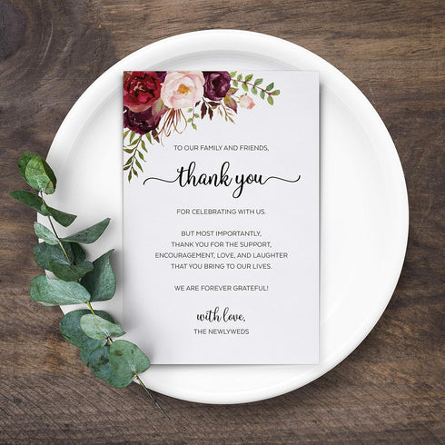 321Done Thank You Placecards for Wedding, Set of 50 Large 4" x 6" Table Setting Cards, Watercolor Red Roses