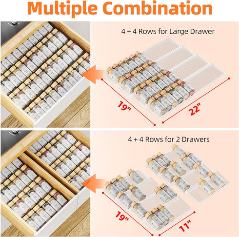 4 2 Set (8 Packs) 11" 22" MUDEELA Clear Spice Drawer Organizer, Tier- Spice Rack for Drawer, Expandable From to Kitchen