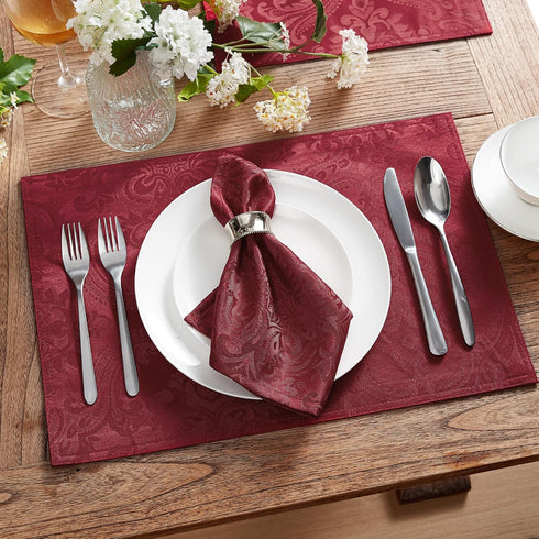 Elrene Home Fashions Caiden Elegance Damask Fabric Placemats, 13" x 19", Cranberry, Pack of 4