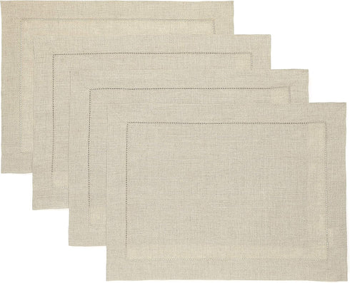 Solino Home Linen Placemats Set of 4 - Classic Hemstitch Natural Table Mats, 14 x 19 Inch, 100% Pure Linen