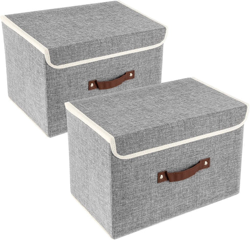 TYEERS 2 Pack Collapsible Storage Boxes, Washable Fabric Bins with Lids, 14.9x9.8x9.8 inches, Gray